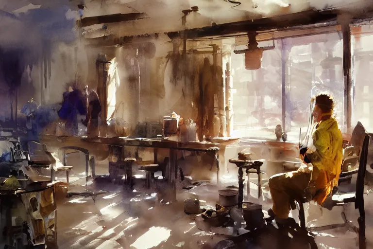 Prompt: paint brush strokes, abstract watercolor painting of western pharmacy, backlit ambient light, dust, art by hans dahl, by jesper ejsing, art by anders zorn, wonderful masterpiece by greg rutkowski, cinematic light, american romanticism by greg manchess, creation by tyler edlin