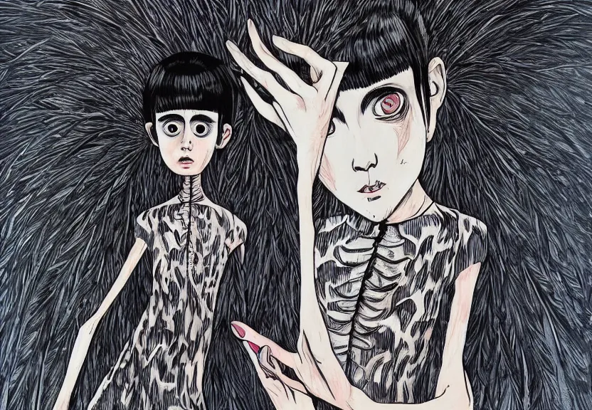 Image similar to beautiful little girl with a short black haircut wearing a dress made of black feathers, artwork in junji ito art style, anatomically perfect