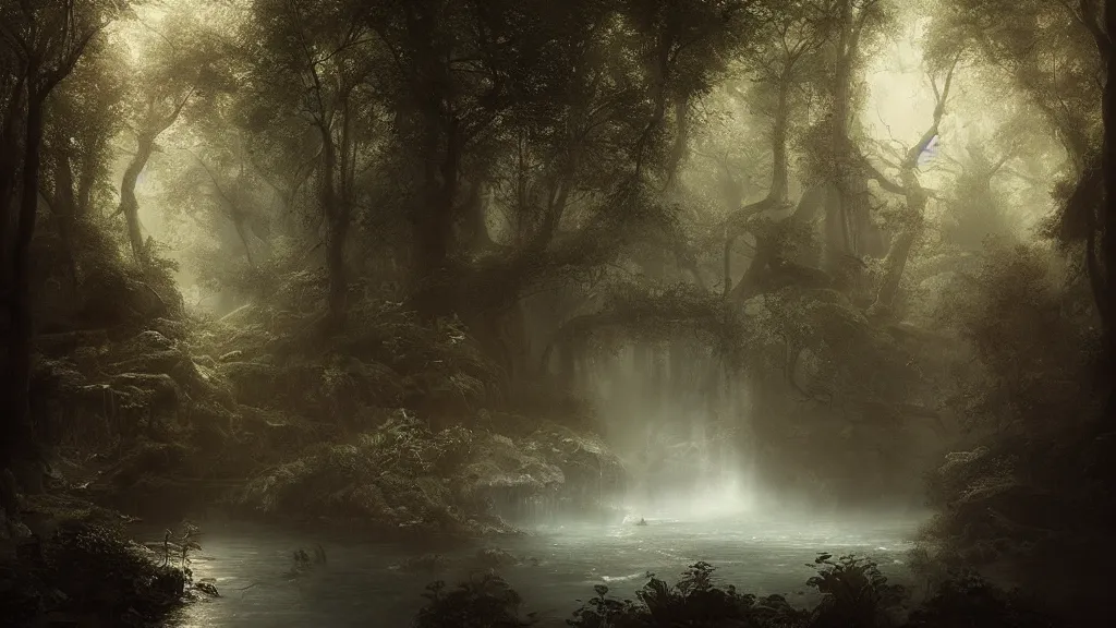 Image similar to a clearing with a deep pool of water, a sanctuary in the dark, dense forest. andreas achenbach, artgerm, mikko lagerstedt, zack snyder, tokujin yoshioka