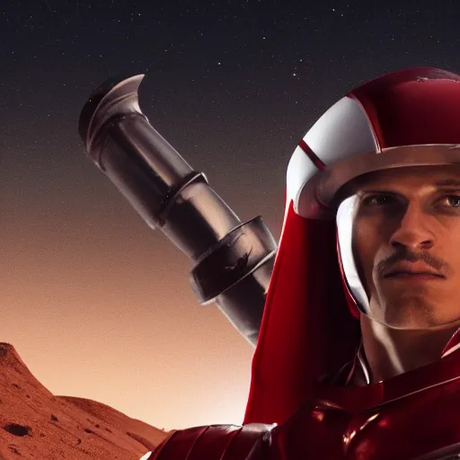 Image similar to headshot of a tall athletic muscular infantry man in glossy sleek white armor with tiny red details and a long red cape, heroic posture, strong jawline, on the surface of mars, night time, dramatic lighting, cinematic, sci-fi, hyperrealistic