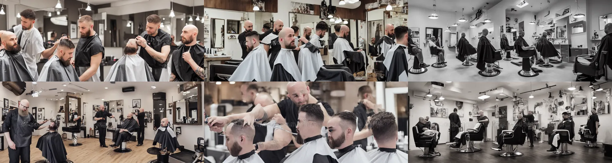 Prompt: A modern barbershop parlor with bald men getting haircuts by bald barbers, Stock Image, 8k Resolution, Realistic, HD Quality