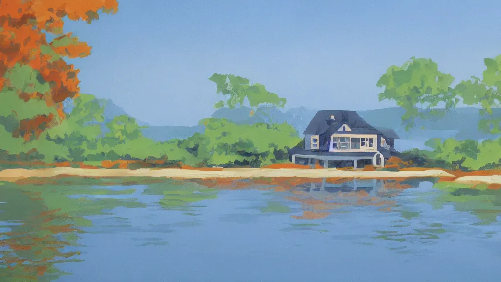 Prompt: a house on a lake. gouache artwork.