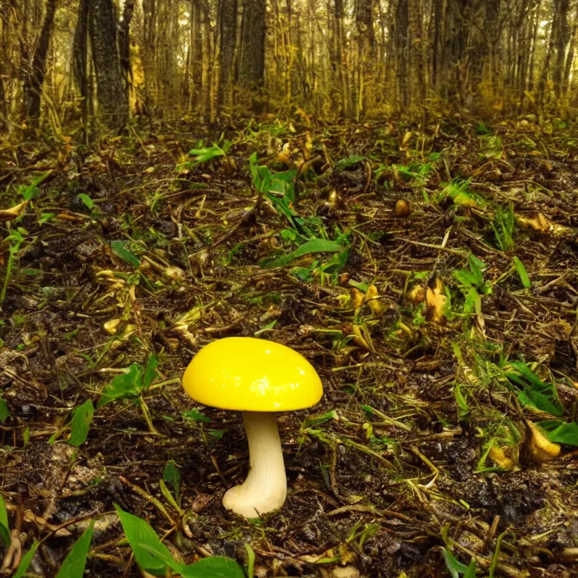 Image similar to a little yellow mushroom in a moody dreamy forest