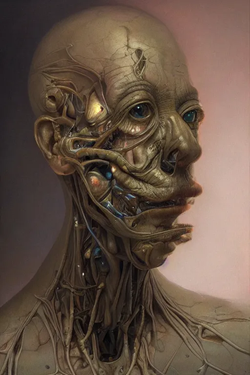 Prompt: beautiful clean oil painting biomechanical cosmic horror portrait of human face by wayne barlowe, mazzoni marco, rembrandt, complex, stunning, realistic, skin color