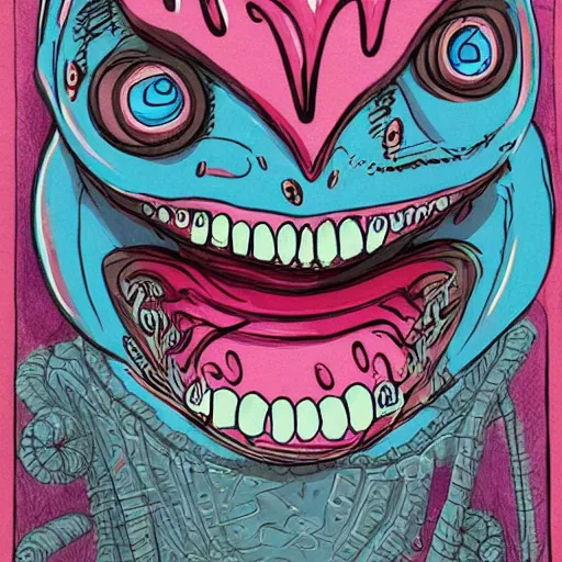 Image similar to crying wobbly eyes mouth pink ice cream, blue waffle cone, jester themed, intricate concept art, thick line drawing, 1 9 8 3 horror painted book cover art