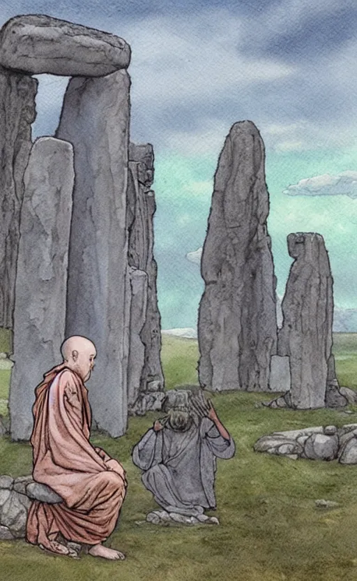 Prompt: a realistic and atmospheric watercolor fantasy concept art of giant monk in grey robes sitting in stonehenge. in the foreground a tiny medieval monk in grey robes is praying. a ufo is in the sky. by rebecca guay, michael kaluta, charles vess
