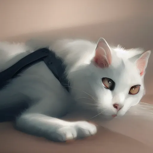 Image similar to a white cat lying on the bed, characterized by roman shipunov, etienne hebinger, atey ghailan, cgsociety, fantasy art, 2 d game art