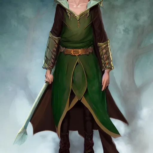 Image similar to A portrait of a adolescent male half-elf wizard who is tall and slim, focus on face, short brown hair, smiling, deep green eyes, robes, staff, sharp focus, highly detailed, photograph, cinematic, dynamic lighting, trending on artstation, digital painting