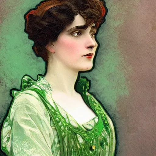 Prompt: An Edwardian woman wearing green clothes, in the style of Mucha