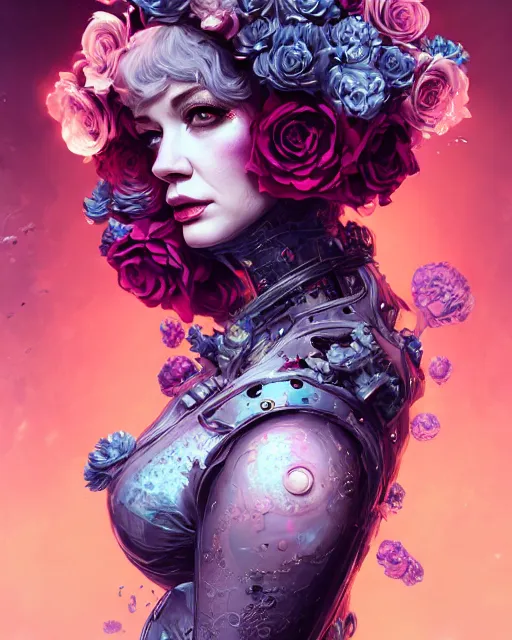 Image similar to portrait of christina hendricks with roses, baroque, cyberpunk cyborg. roses, sci - fi, intricate abstract upper body intricate artwork, by tooth wu, wlop, beeple, dan mumford. concept art, octane render, deviantart, greg rutkowski, cinematic arthouse, key art, hyper realism, iridescent accents