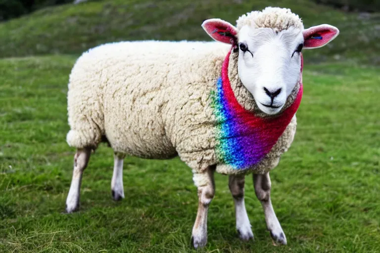 Image similar to a photo of a sheep with rainbow colored wool