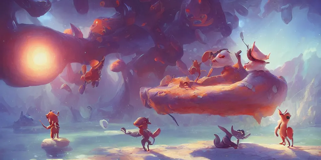 Image similar to Aesthetic landscape painting of cute alien animals playing with each other , cgsociety, fantasy art, concept art , ambient occlusion, behance hd , concept art by Jesper Ejsing, by RHADS, Makoto Shinkai Cyril Rolando