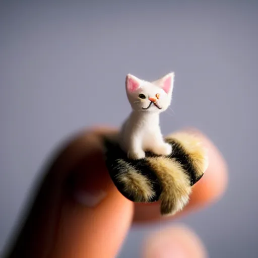 Prompt: tiny, microscopic cat, sitting on man's fingertip, macro, bokeh, open hand, polly pocket