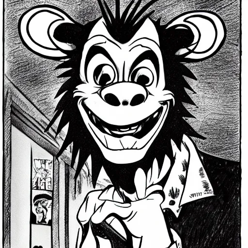 Image similar to a Pop Wonder scary horror themed goofy-hilarious-character-monkey-giraffe-man, dime-store-comic drawn with charcoal and pen and ink, half-tone-line-stacking