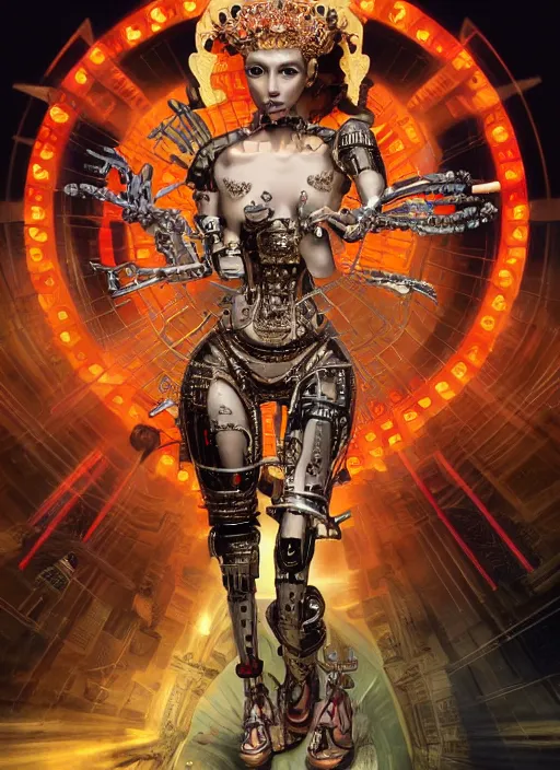 Prompt: full-body rococo and cyberpunk style sculpture of a young seductive Latina princess half android with a chest exposing circuitry, glowing orange seductive laser eyes, crown of red sparks and diamonds, swirling orange-colored silk fabric, robotic raptors. baroque elements. full-length view. intricate artwork by caravaggio. art by Artgerm and Greg Rutkowski and Alphonse Mucha, Trending on artstation, cinematic industrial lighting, hyper realism, octane render, 8k, depth of field, 3D