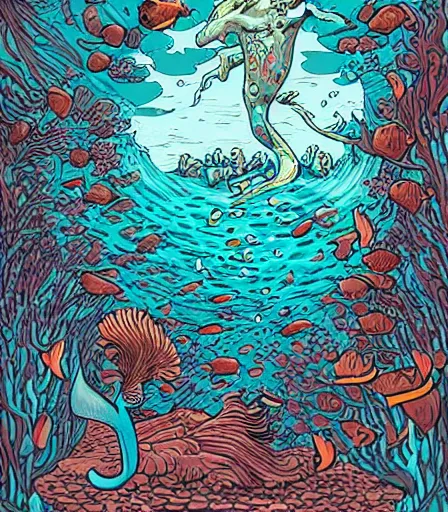 Prompt: Underwater merman by James Jean and dan mumford and strongstufftom