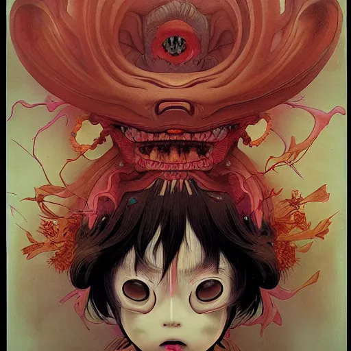 Image similar to prompt : yokai portrait soft light painted by james jean and katsuhiro otomo and erik jones, inspired by evangeleon anime, smooth face feature, intricate oil painting, high detail illustration, sharp high detail, manga and anime 1 9 9 9