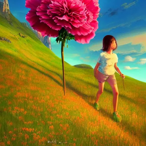 Image similar to giant carnation flower as a head, girl hiking in the dolomites, surreal photography, sunrise, dramatic light, impressionist painting, colorful clouds, digital painting, artstation, simon stalenhag