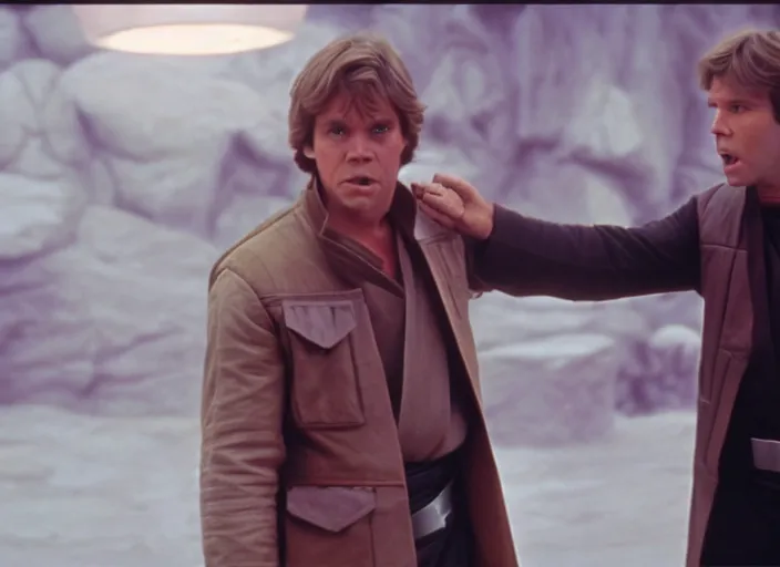 Image similar to epic screenshot portrait of Luke Skywalker arguing with Han Solo, marble temple, iconic scene from the force awakens, 1980s film directed by Stanley Kubrick, cinematic lighting, kodak, strange, hyper real, stunning moody cinematography, with anamorphic lenses, crisp, detailed portrait, 4k image