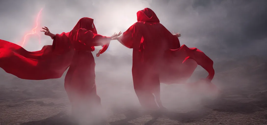 Prompt: an evil demon in red robes fighting an angel in white robes in a desert, luminescent eyes, sunny weather, rendered in octane, realistic, 8 k, vivid, intricate, detailed, mist, fog, dramatic light
