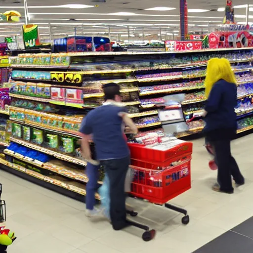 Image similar to Super Mario shopping in Tesco, photograph, photorealistic, picture, supermarket, store