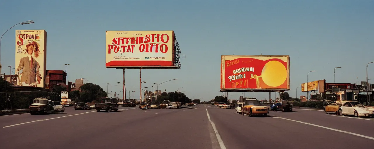 Image similar to spaghetti billboard advertisement, highway, sunset, canon 2 0 mm, kodachrome, in the style of wes anderson