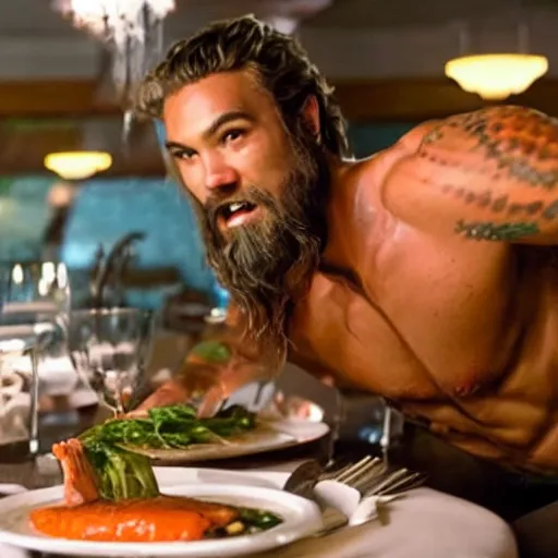 Prompt: Aquaman surprised by a salmon on his plate at a fancy restaurant