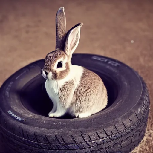 Prompt: a cute bunny sitting on a tire, studio photo, high quality