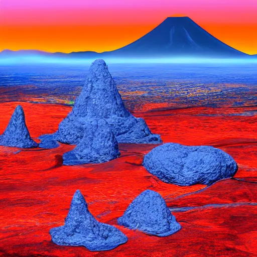 Image similar to Beautiful landscape with volcanos with blue lava and flying monsters