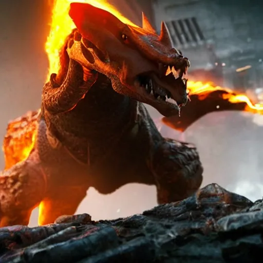 Image similar to Charizard in gears of war, splash art, movie still, detailed face, photorealistic facial features, cinematic lighting, dramatic, octane render, long lens, shallow depth of field, bokeh, anamorphic lens flare, 8k, hyper detailed, 35mm film grain