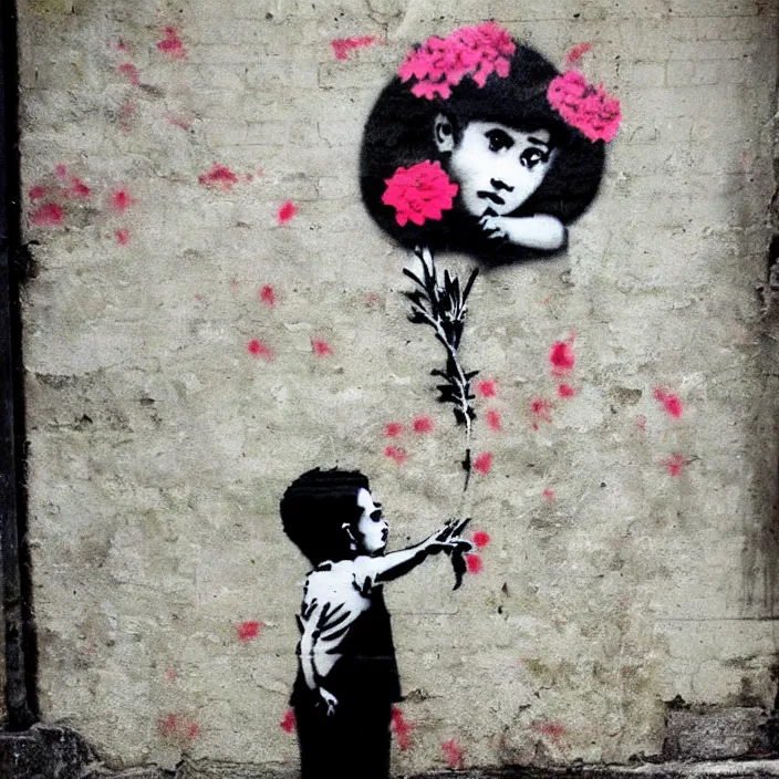 Image similar to a boy holding flowers in the style of Banksy, graffiti, digital art