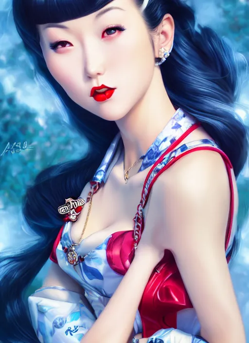 Image similar to a pin up and beautiful fashion dreamlke japan girl with lv jewelry, character art, art by artgerm, wlop, loish, hyperdetailed, 8 k realistic, symmetrical, global illumination, radiant light, frostbite 3 engine, cryengine, dof, trending on artstation, digital art, chanel, dior, detailed background