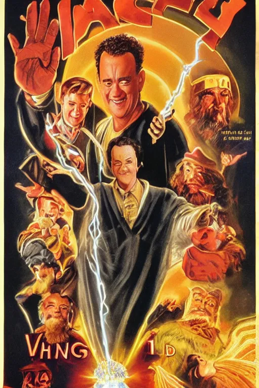 Image similar to vintage movie poster hanksgiving, tom hanks, turkey, a wizard, lightning, 1 9 8 2, drew struzan inspiration