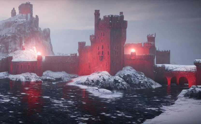 Image similar to Red Castle in Game of Thrones besides the sea in the snowstorm at night, doomy, Unreal Engine, cinematic photography, highly-detailed, games of thrones, HBO, high resolution, 8k, photorealistic, stunning volumetric lighting