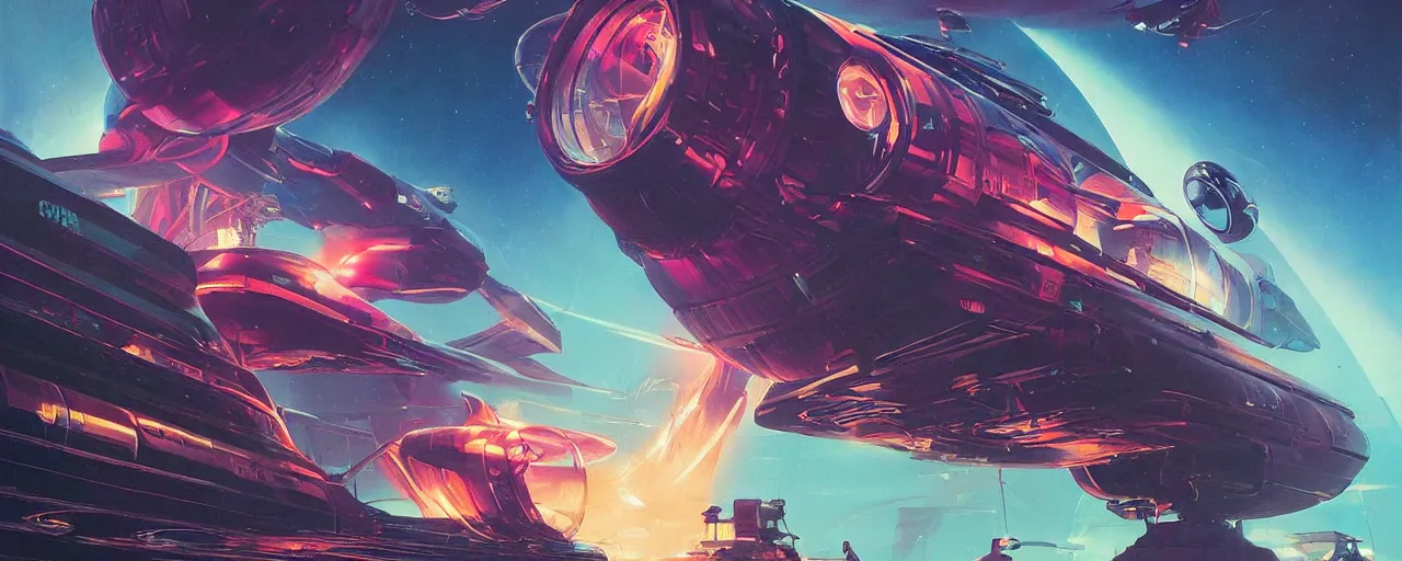 Prompt: retro futuristic sci - fi poster by moebius and greg rutkowski and syd mead and john berkley, epic orbaital spaceships battle, nebulae, black hole, rule of third, high quality, cinematic, digital painting, vibrantly lush neon lighting, beautiful volumetric - lighting - style atmosphere