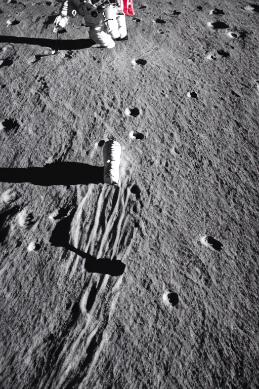 Image similar to a full body photography of an astronaut walking on the surface of the moon, bottom - view, focus on his foot, photography, photo - shot, shooting, cinematic lighting, 8 k