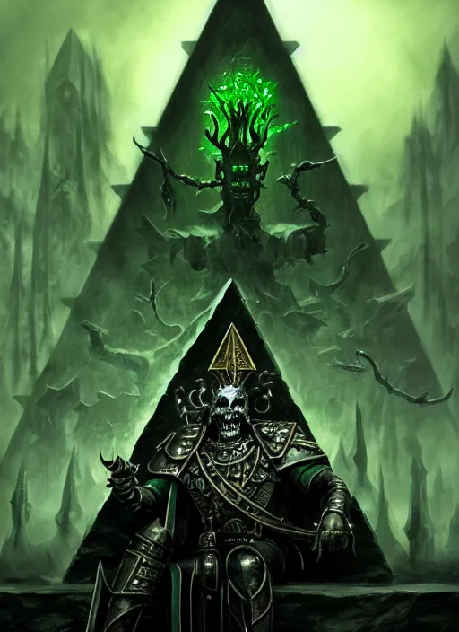 Image similar to portrait of nagash sitting atop his black pyramid, spirits of the dead, evil, grim dark, gloomy, mist, warhammer 4 0 k, onyx, intricate, elegant, evil green candles, highly detailed, digital painting, artstation, concept art, smooth, sharp focus, illustration, art by wlop, mars ravelo and greg rutkowski