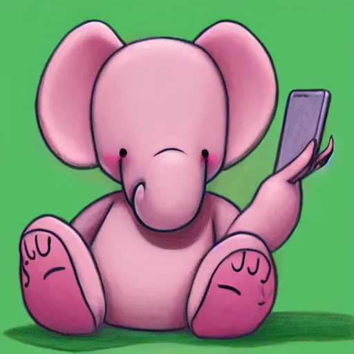 Prompt: light pink heffalump holding a smartphone, talking on the phone, detailed, color pencil art, children's illustration, trending on artstation