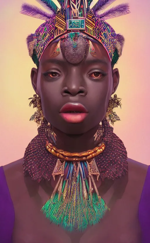 Image similar to upper half portrait of retro futuristic african tribal chief - embellished with vegetation and iridescent crystals, art by chsiao - ron cheng, highly detailed, digital painting, concept art, illustration, smooth sharp focus, intricate, symmetry, artstation, colourful,