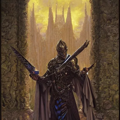 Image similar to Fantasy style portrait of a male paladin, castle setting, intricate, elegant, highly detailed, matte, sharp focus, illustration, art by Donato Giancola and Bayard Wu, gustav moreau, goward, wayne barlowe