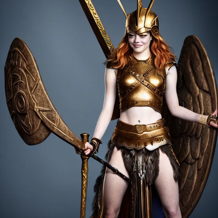 Prompt: professional full length photograph of emma stone as a valkyrie warrior. Extremely detailed. 8k