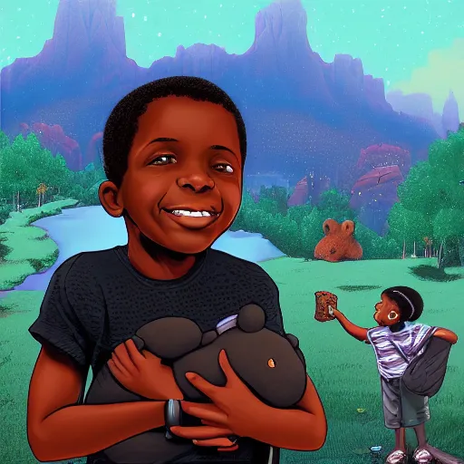 Prompt: an 8k resolution matte painting of a black boy holding a teddy bear while the world ends by dan mumford