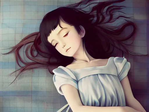 Image similar to room with an little girl with an long black hair dressed in a simple white dress sleeping, anime art style, digital art ilya kuvshinov, inspired by balthus, hd, 4 k, hyper detailed, dark, anatomically correct, angelic face