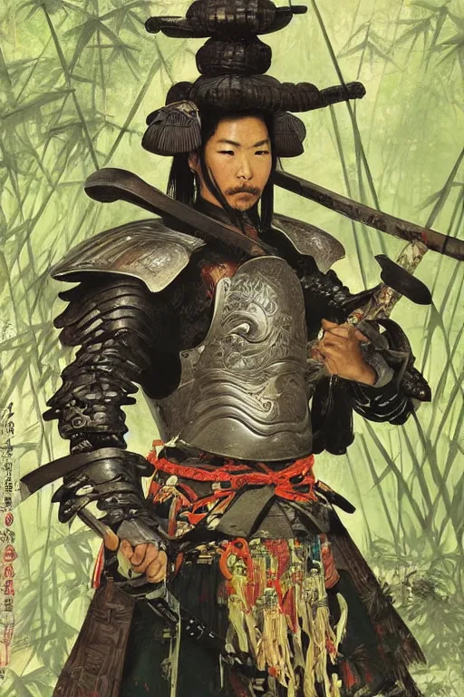 Image similar to close up of samurai in full armor, in a mysterious and ancient bamboo forest filled with yokais, by huang guangjian and gil elvgren, sachin teng, greg manchess