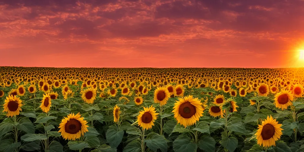Image similar to a beautiful landscape photo of sunflowers looking at the sun, cinematic atmospheric golden hour