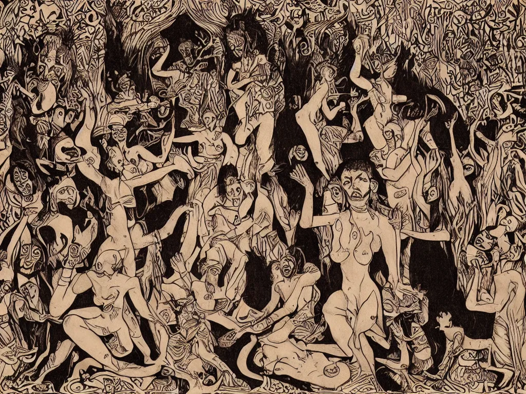 Image similar to a satanic ritual intervening by Ayahuasca Mother, very detailed, Harlem Renaissance style, award-winning