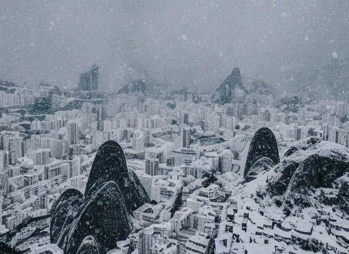 Image similar to rio de janeiro pao de acucar, city snowing with a lot of snow, photography award photo, 4 k