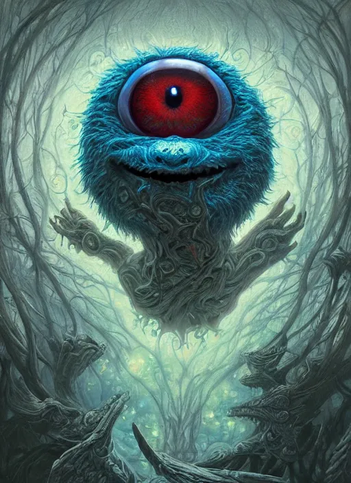 Image similar to cookie monster glowing eyes, shamanic poster lsd art, intricate, elegant, highly detailed, centered, digital painting, artstation, concept art, smooth, sharp focus, illustration, artgerm, tomasz alen kopera, peter mohrbacher, donato giancola, joseph christian leyendecker, wlop, frank frazetta