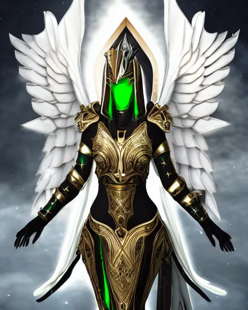 Image similar to attractive egyptian queen wearing white dove wings, warframe armor, regal, attractive, ornate, sultry, elize theron, pretty face, green eyes, scifi platform, 4 k, ultra realistic, epic lighting, illuminated, cinematic, black gold, art by akihito tsukushi, voidstar