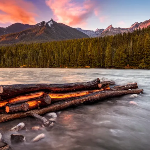 Prompt: DSLR still of a beautiful mountainside river with a pier and a burnt log cabin at sunrise, 4k